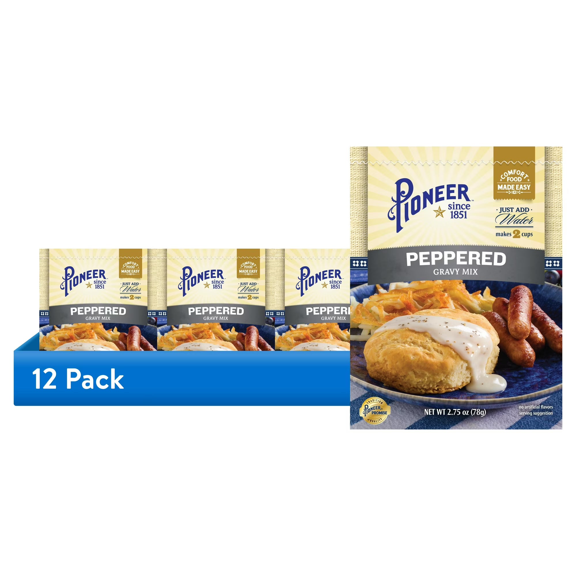 Pioneer Peppered Gravy Mix, 2.75 oz - Smooth Gravy for Meats and Biscuits, Contains No Allergens