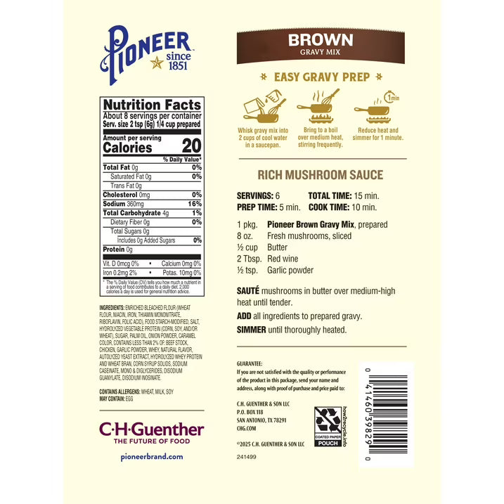 Pioneer Brown Gravy Mix, 1.61 oz – Makes 2 Cups of Rich, Savory Gravy – Just Add Water for a Quick, Delicious Meal Addition