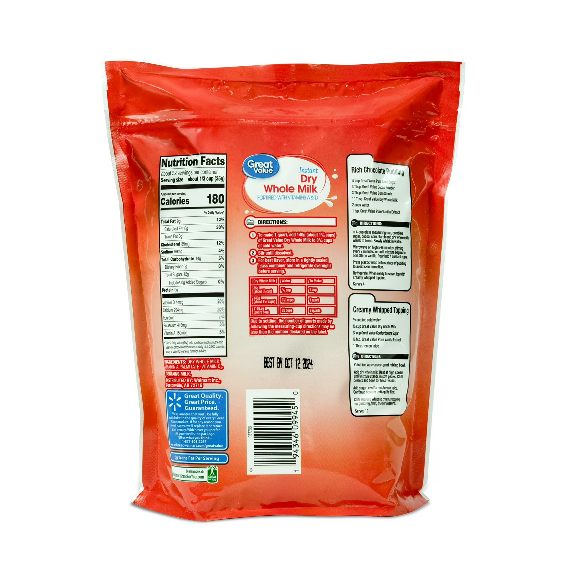 Great Value Instant Dry Whole Milk, 39.5 oz Bag, Makes 8 Quarts, 32 Servings per Container