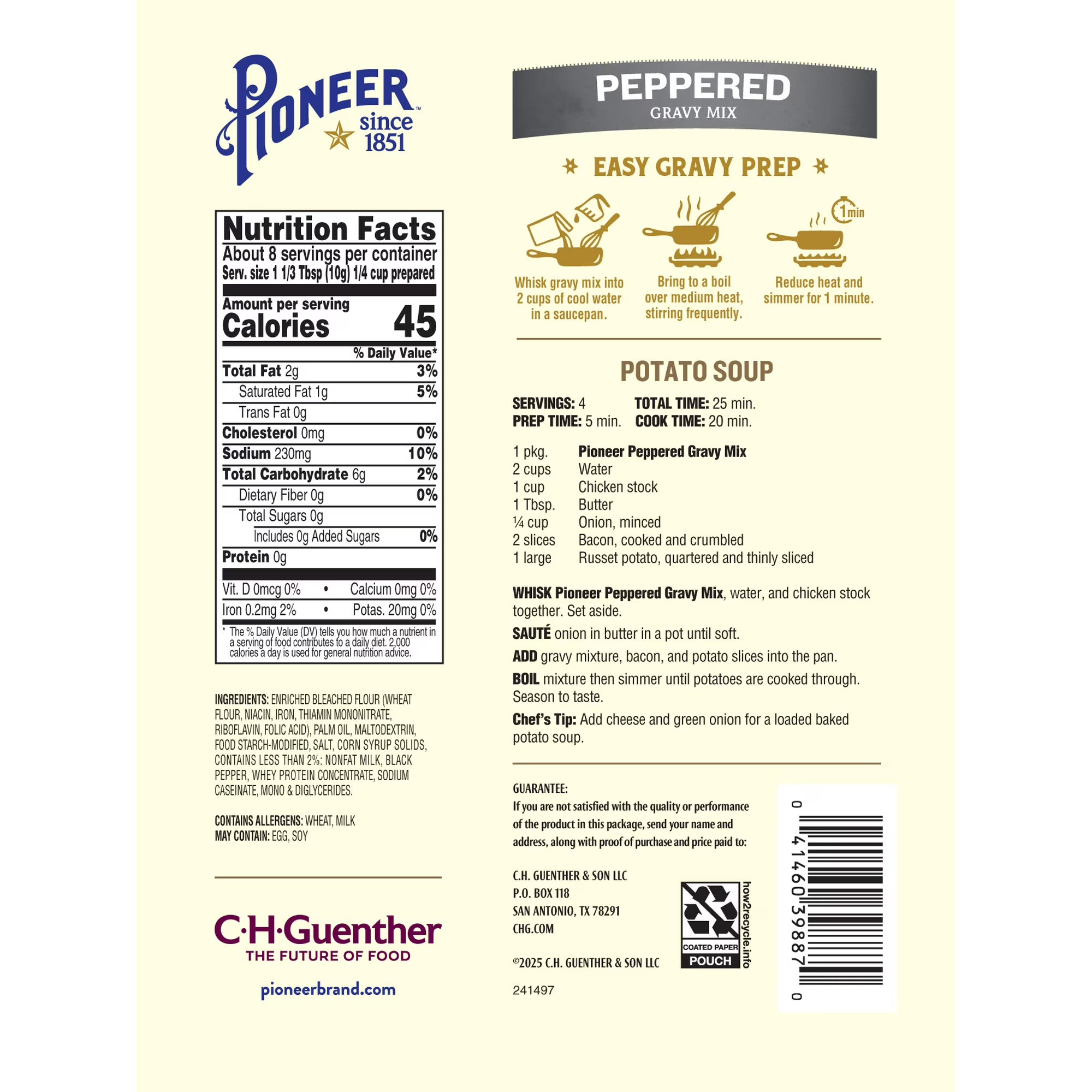 Pioneer Peppered Gravy Mix, 2.75 oz - Smooth Gravy for Meats and Biscuits, Contains No Allergens