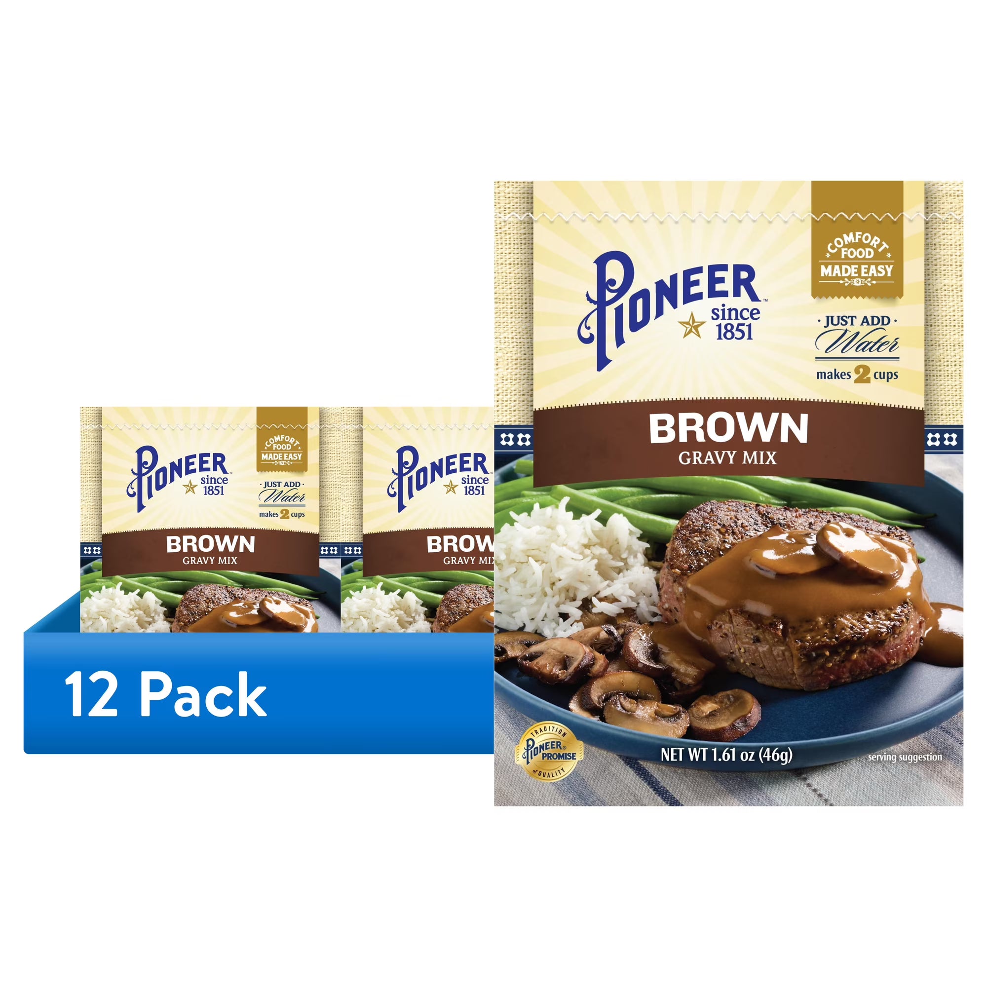 Pioneer Brown Gravy Mix, 1.61 oz – Makes 2 Cups of Rich, Savory Gravy – Just Add Water for a Quick, Delicious Meal Addition